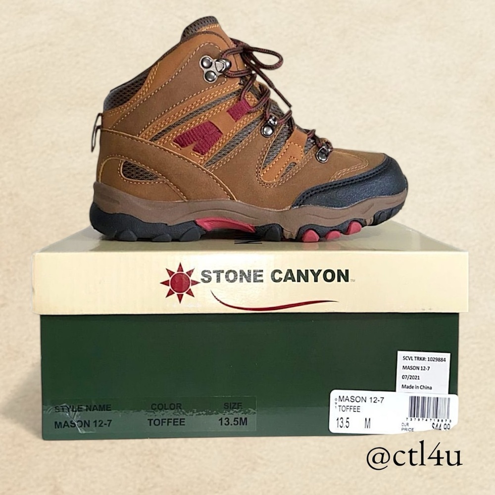 NIB Stone Canyon Mason Toffee Hiking Boots Kid 13.5M Outdoor Camp Back to School